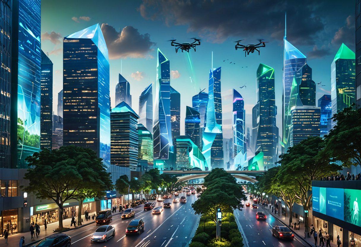A futuristic cityscape showcasing advanced digital technology influencing the insurance industry, with holographic displays of insurance policies, diverse people engaging with their devices, and drones flying overhead. The skyline includes modern architecture and greenery, symbolizing innovation and protection. Soft lighting with ethereal blue and green tones. ultra-realistic. vibrant colors. 3D.