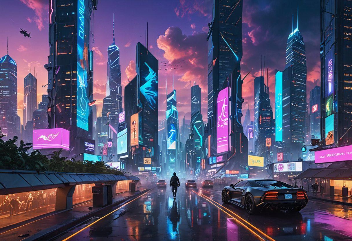 A futuristic landscape depicting a digital city with floating holographic shields symbolizing e-insurance services. Incorporate diverse individuals interacting with advanced technology in an anarchic setting, showcasing contrasting elements of chaos and protection. Use vibrant colors and a mix of digital interfaces to highlight innovation. super-realistic. vibrant colors. cyberpunk.